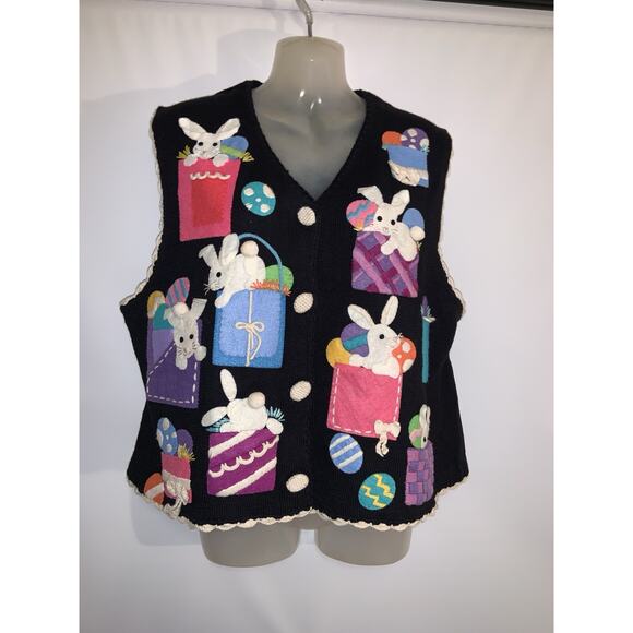 Michael Simon Sweaters - Michael Simon Easter Sweater Black Vest Size XL Bunny Eggs Teacher